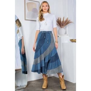 Elegant Blue Patchwork Midi Skirt